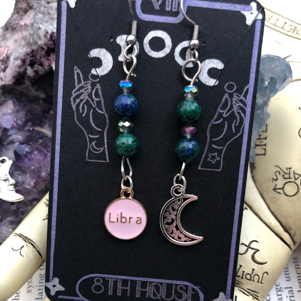 Libra Zodiac Sign Dangle Earrings - with Azurite Gemstone beads